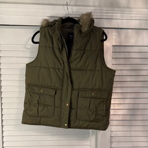GAP Olive Puffer Vest with Faux Fur Trim